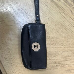 Kate Spade Black Leather Wristlet with Silver Detail
